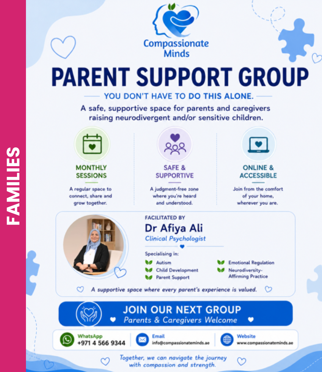An image showing summary details of a free monthly parent support group organised by Compassionate Minds. Full details are in the event listing.
