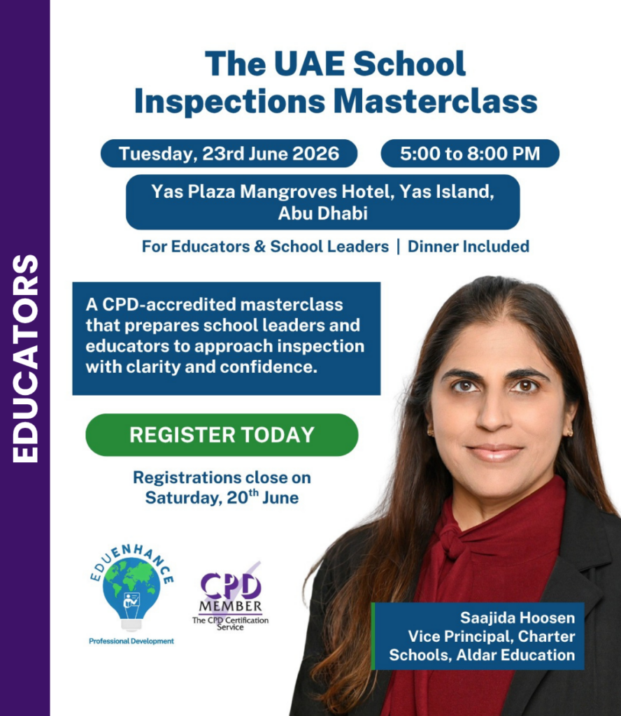 An image showing summary details of a school inspection workshop on 23 June in Abu Dhabi, organised by EduEnhance. Full details are in the event listing.