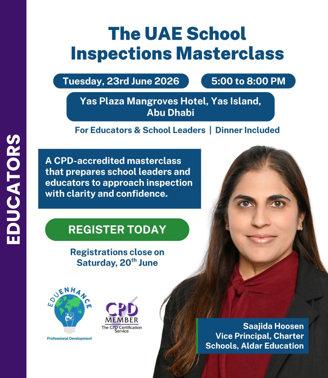 An image showing summary details of a school inspection workshop on 23 June in Abu Dhabi, organised by EduEnhance. Full details are in the event listing.