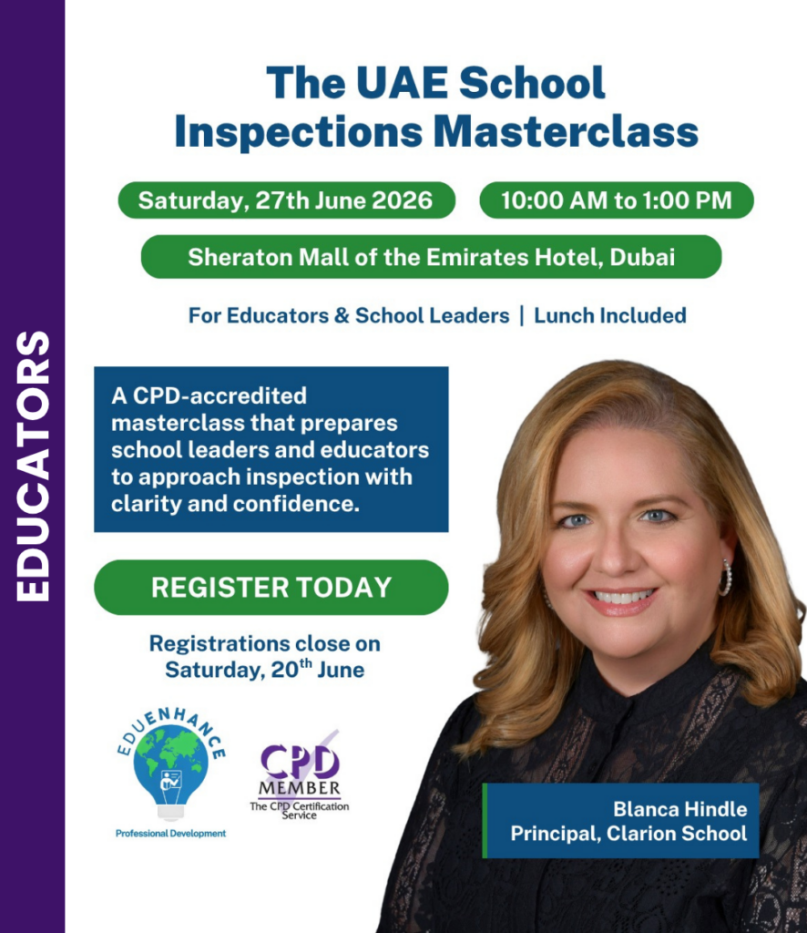 An image showing summary details of a school inspection workshop on 27 June in Dubai, organised by EduEnhance. Full details are in the event listing.