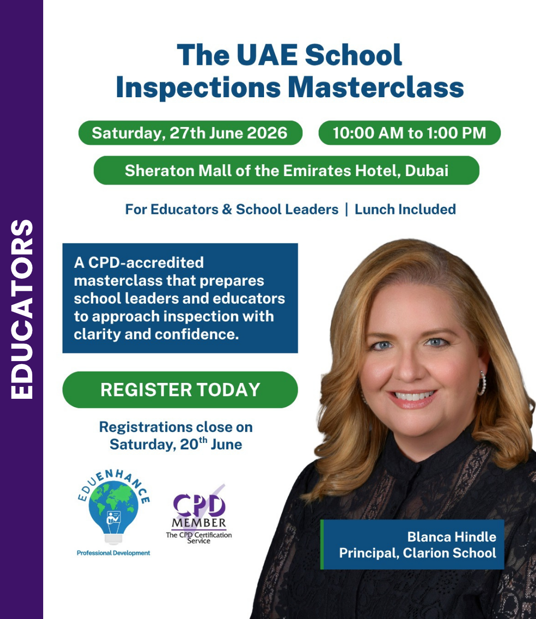 An image showing summary details of a school inspection workshop on 27 June in Dubai, organised by EduEnhance. Full details are in the event listing.