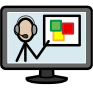 A Widgit symbol showing a computer screen with a person presenting a slide deck. The symbol indicates a webinar or online training.