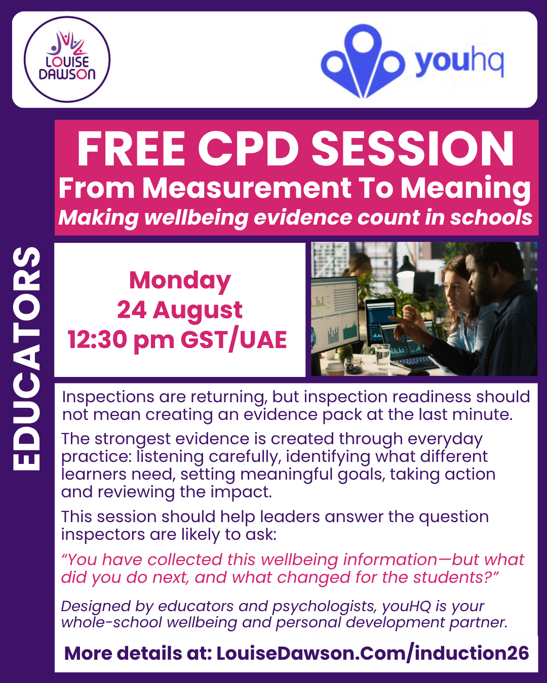 An image showing summary details of a free webinar with youHQ looking at practical use of wellbeing data in schools. The webinar will run at 12:30pm GST/UAE on Monday 24 August. Full details are in the event listing.