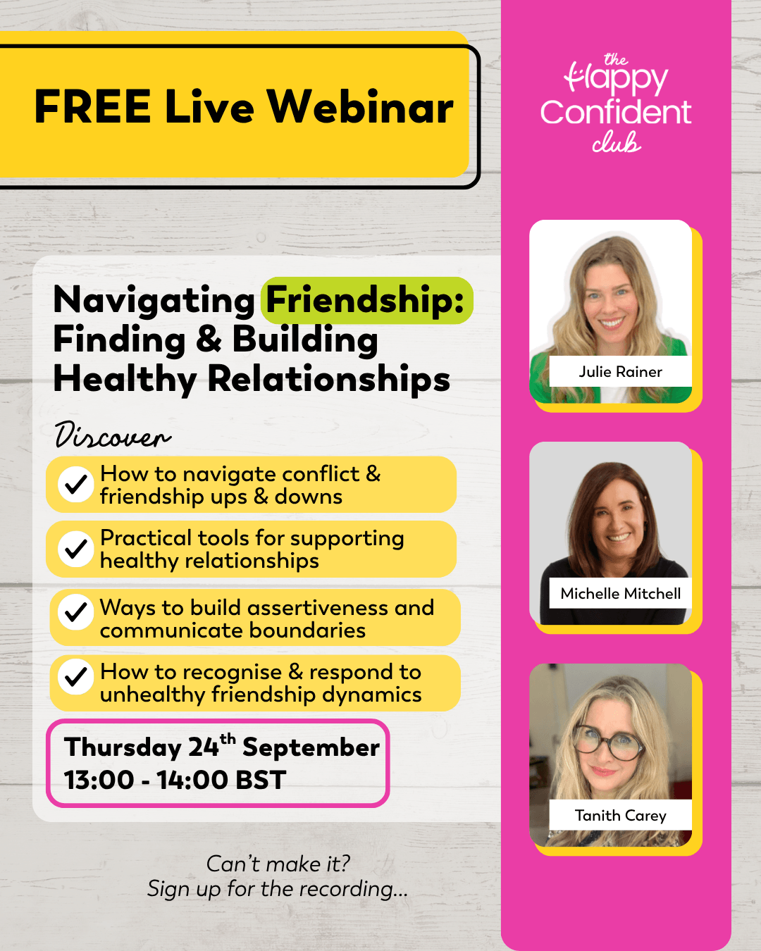 An image showing summary details of a free 1-hour webinar being run by The Happy Confident Company on Thursday 24th September April at 4pm GST/UAE. Full details are in the event listing.