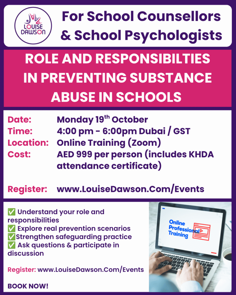 An image showing summary details of online training for School Counsellors and School Psychologists on their role and responsibilities in preventing substance abuse in schools. Training will take place on Monday 109 October 2026. Full details are in the event listing.