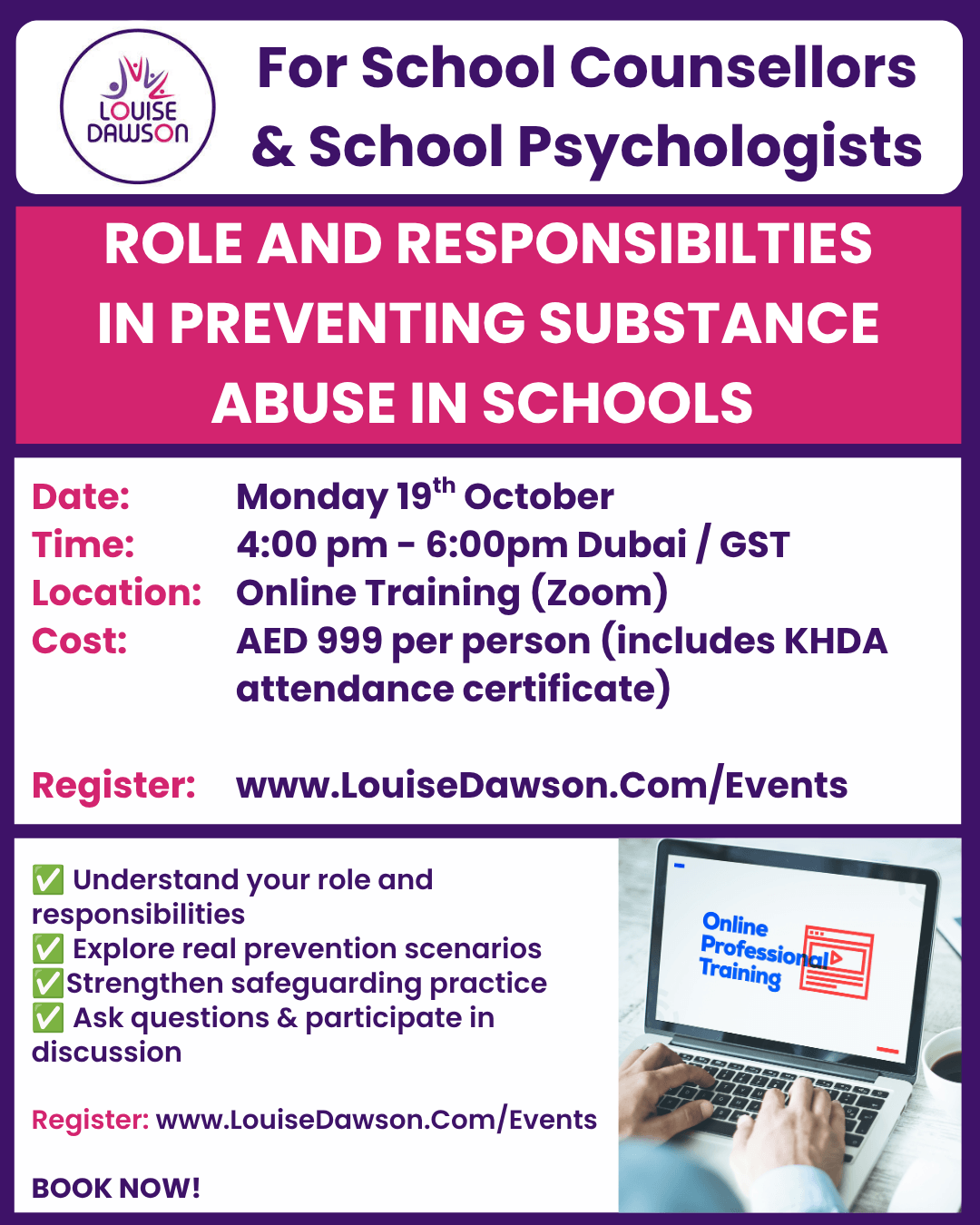 An image showing summary details of online training for School Counsellors and School Psychologists on their role and responsibilities in preventing substance abuse in schools. Training will take place on Monday 109 October 2026. Full details are in the event listing.