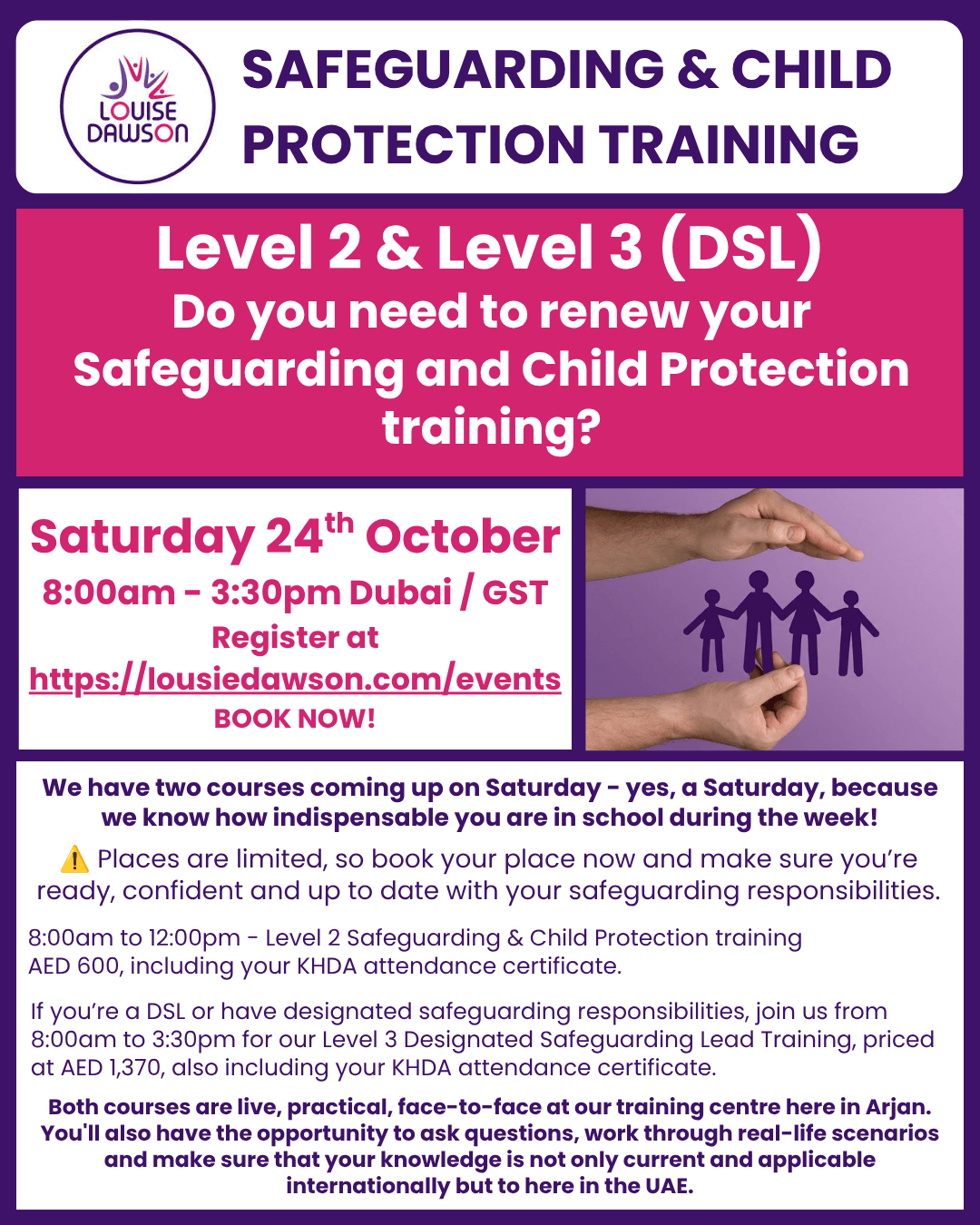 An image showing summary details of in-person Level 2 and Level 3 (DSL) safeguarding and child protection training in Dubai on 24 October 2026. Full details are in the event listing.