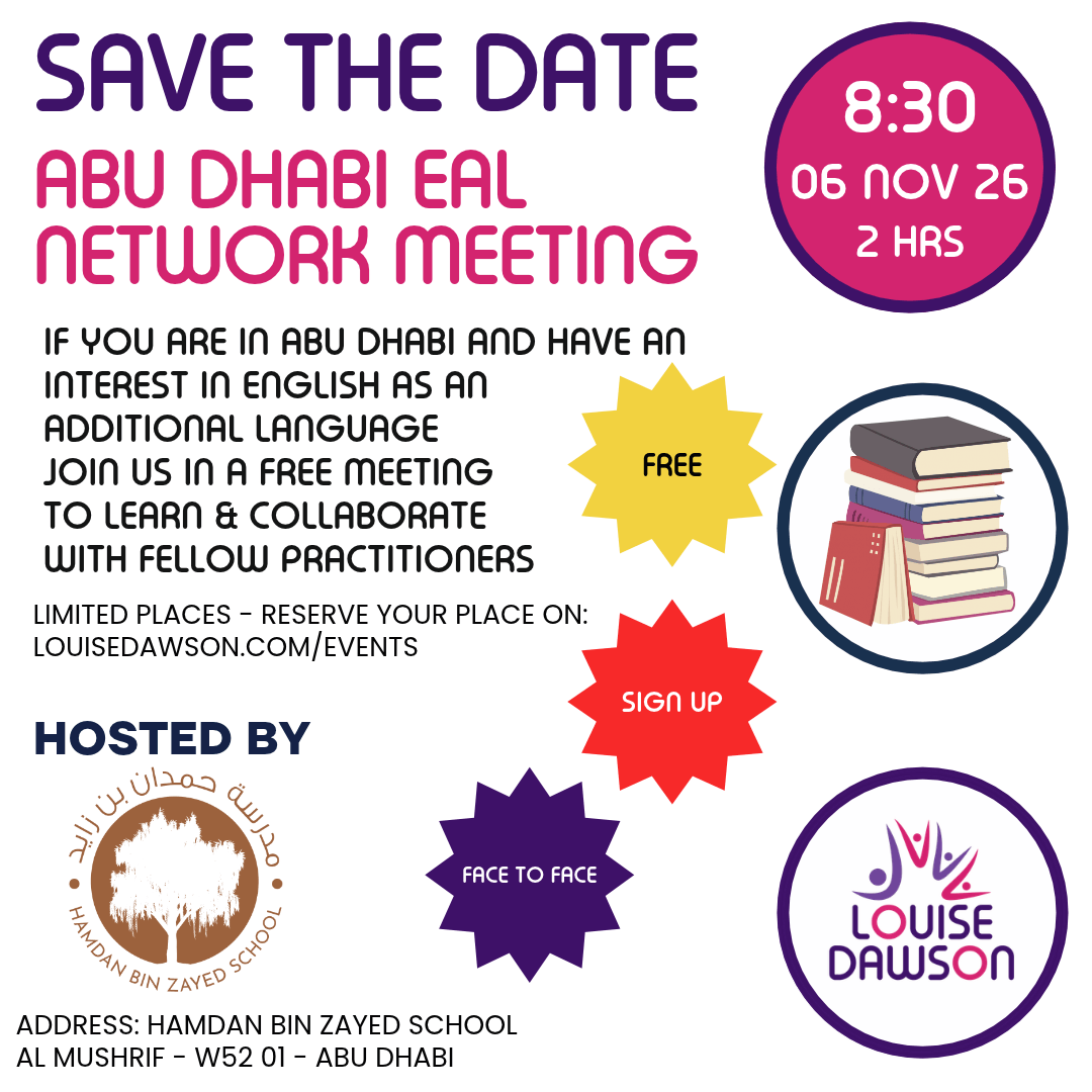 An image showing summary details of the FREE EAL network face-to-face meeting in Abu Dhabi from 0-8:30 to 109:30 on Friday 6 November at Hamdan Bin Zayed School. Full details are in the event listing.