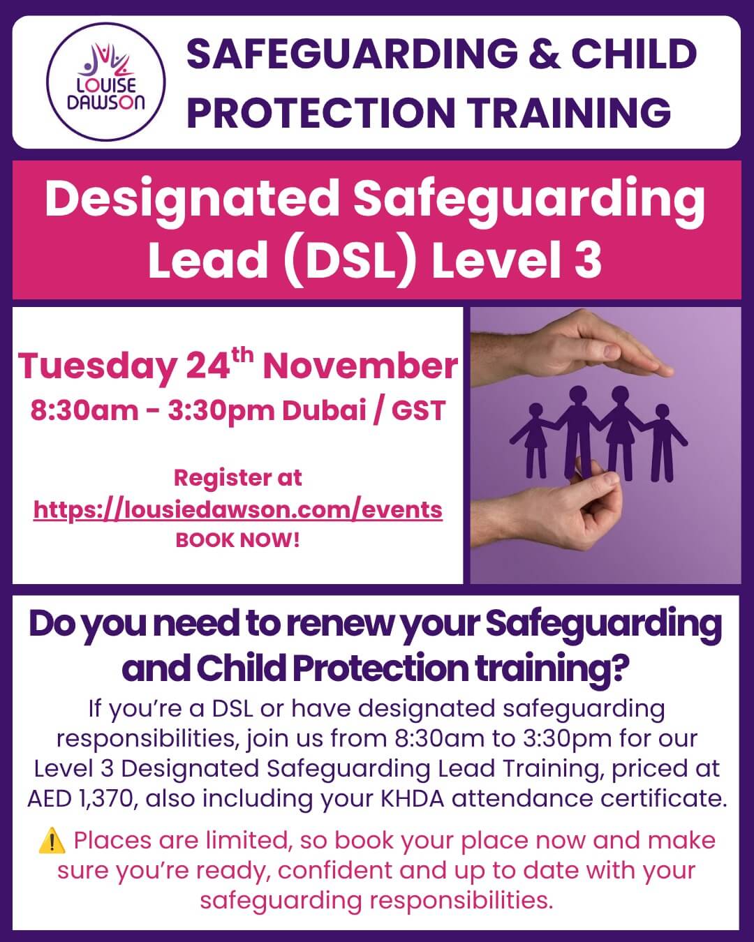 An image showing summary details of in-person Level 2 and Level 3 (DSL) safeguarding and child protection training in Dubai on 24 November 2026. Full details are in the event listing.