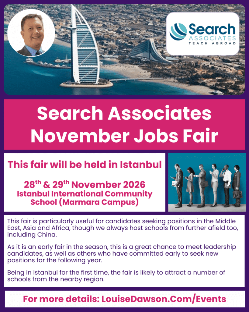An image providing details of the Search Associates Dubai Careers Fair, which will be held in Istanbul this year, on Saturday 28 and Sunday 29 November. Full details are in the events listing.
